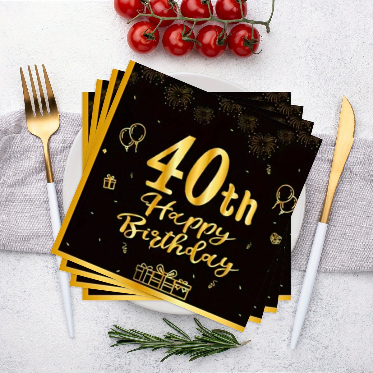 serviettes jetables anniversaire noires dorées ornementations élégantes fêtes confettis ballons cadeaux 20 pièces