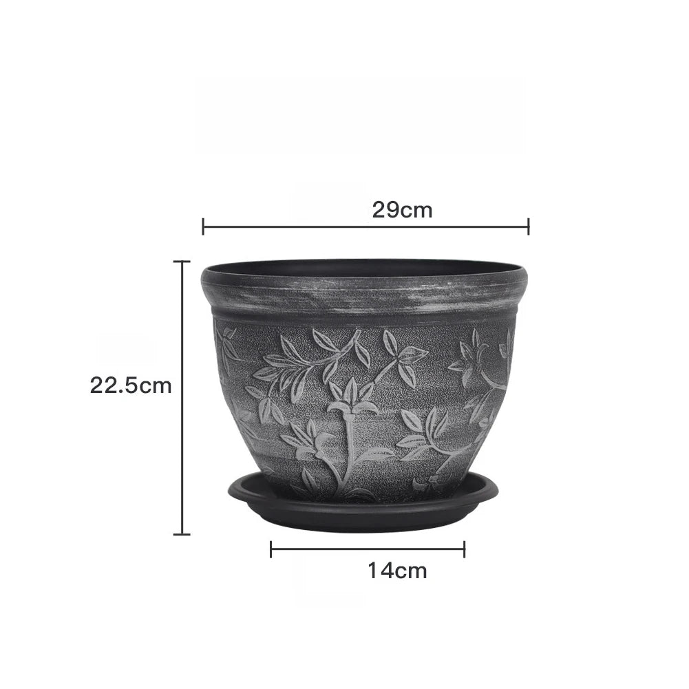 pots fleurs noirs classiques gravures feuilles fleurs plateau drainage visible