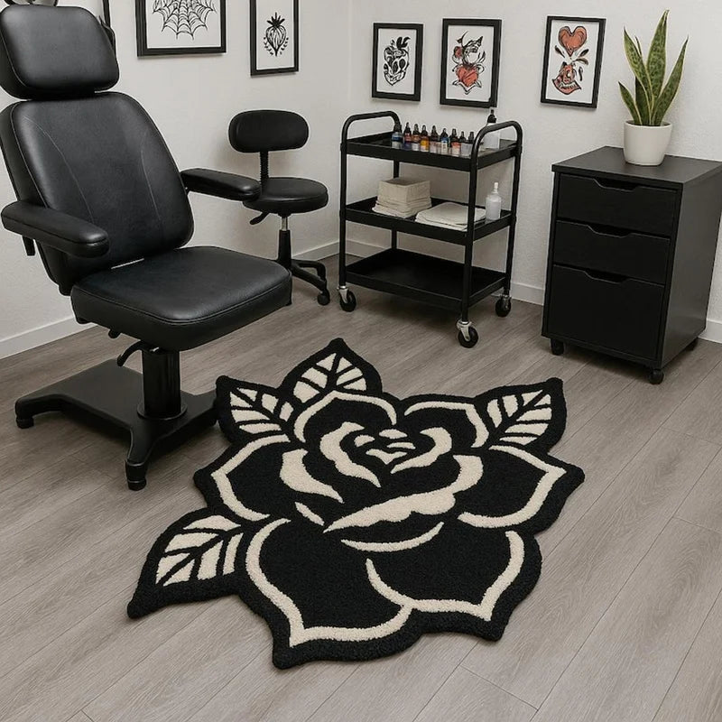 tapis noir blanc fleur stylisée moderne antidérapant intérieur extérieur plage