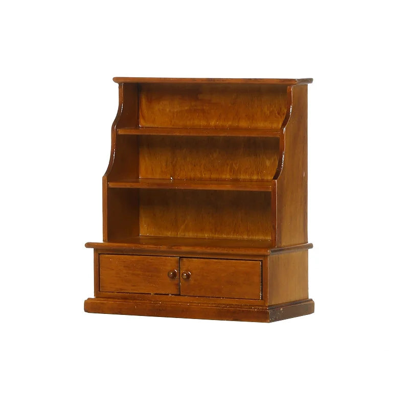 miniature bibliothèque bois marron clair étagères tiroirs vases plantes verres assiettes alimentos livres classique