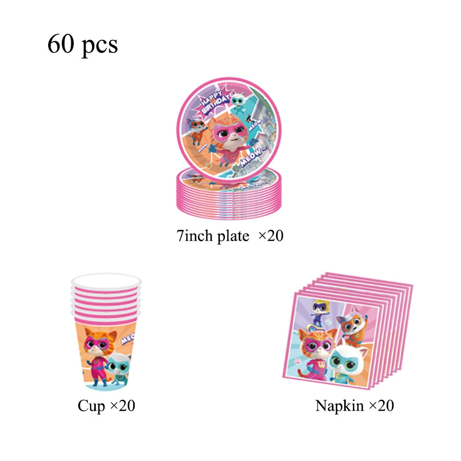 accessoires fête dessins animés chats mignons assiettes serviettes gobelets bannière décoration gâteau ruban table