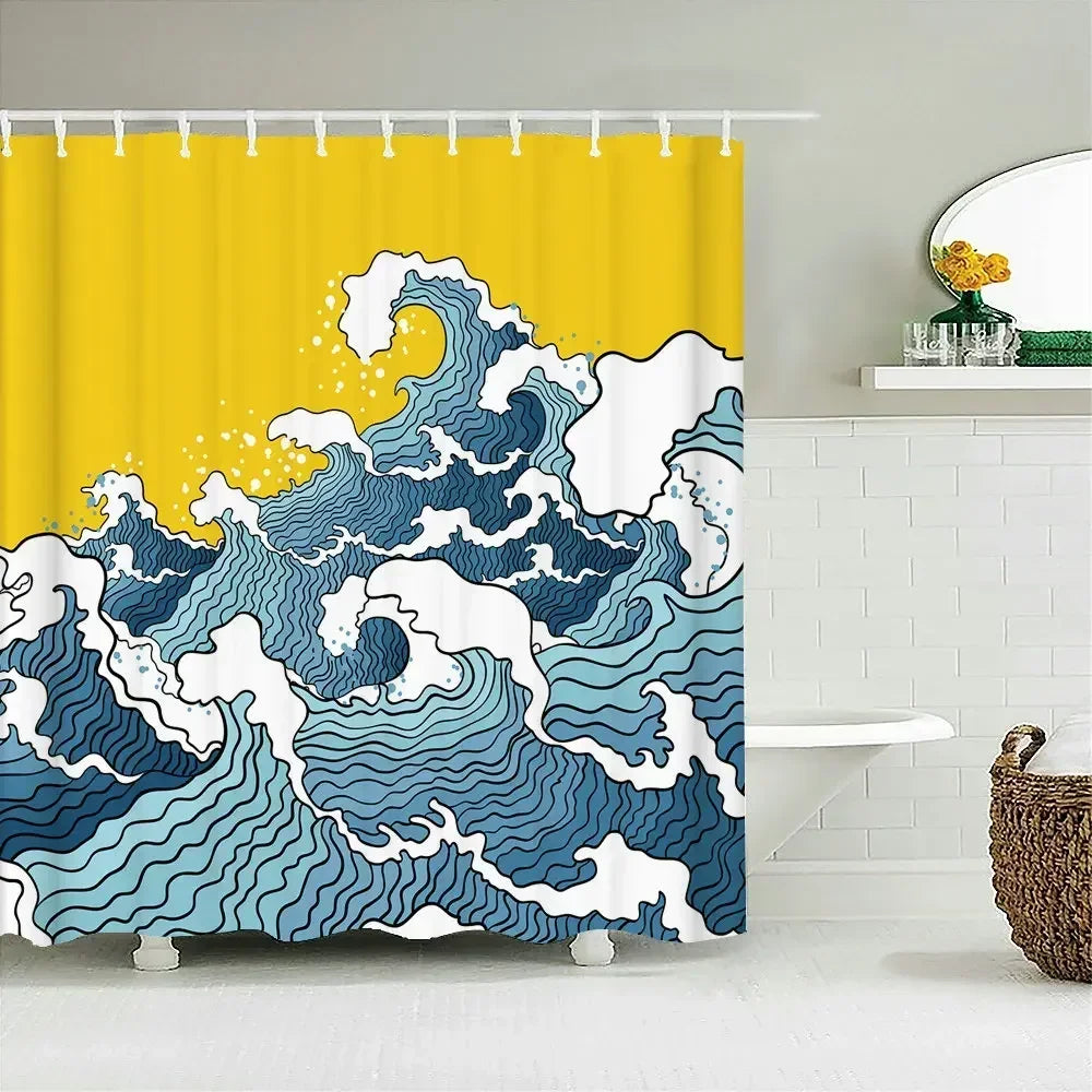 rideau douche imprimé vague japonais ourlet standard polyester opaque moderne tringle respectueux environnement