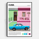 L'image montre une scène colorée de La Havane, Cuba, avec un bâtiment rose et vert, une voiture bleue vintage garée au premier plan et une description de Cuba comme une destination aux paysages naturels magnifiques et à la riche culture.