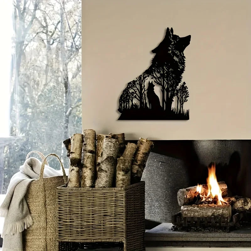 sculpture murale loup noir scène forestière artisanal moderne décoration intérieure chambre salon métal opacité