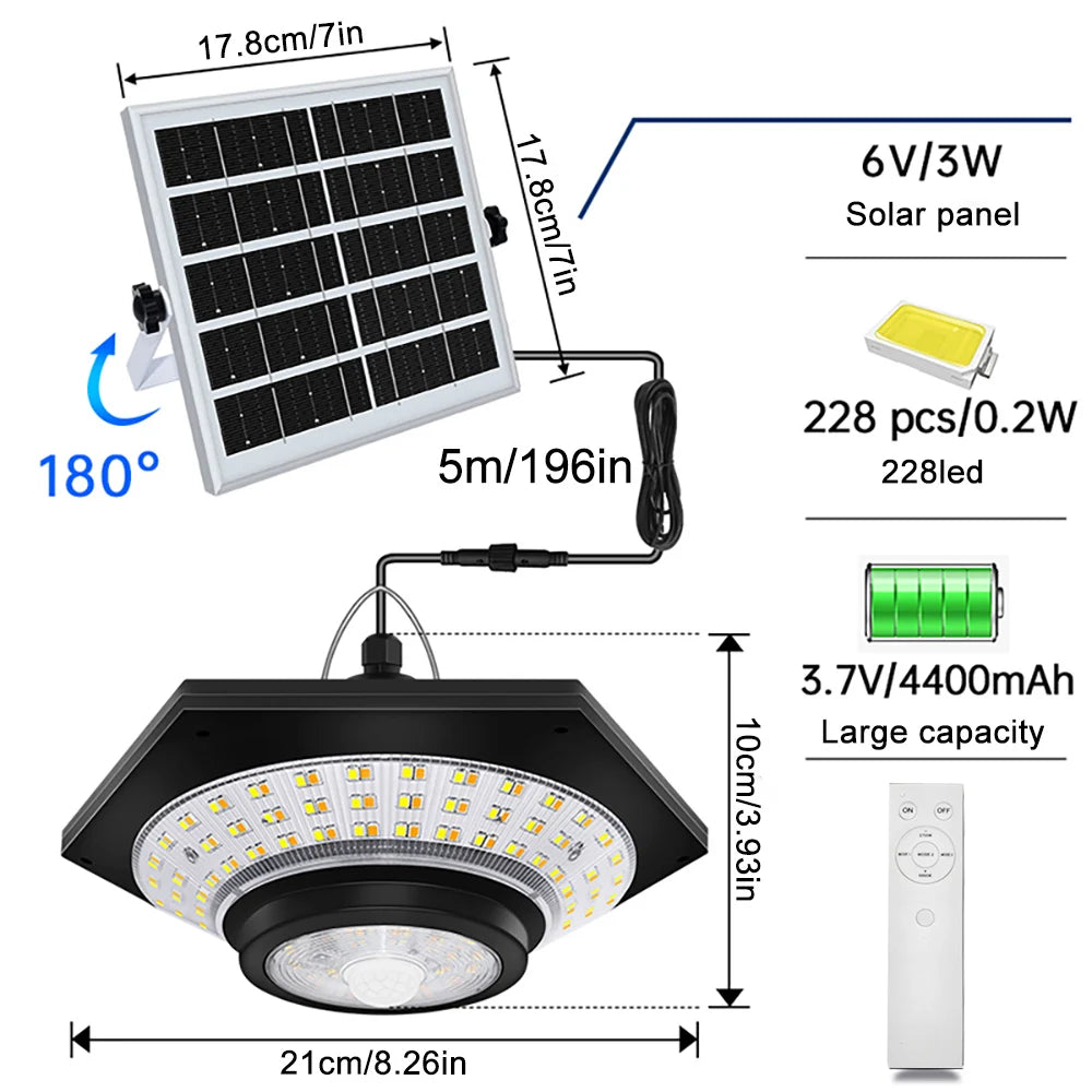 lampe solaire suspendue capteur mouvement 228 led étanche ip65 moderne télécommandeextérieur
