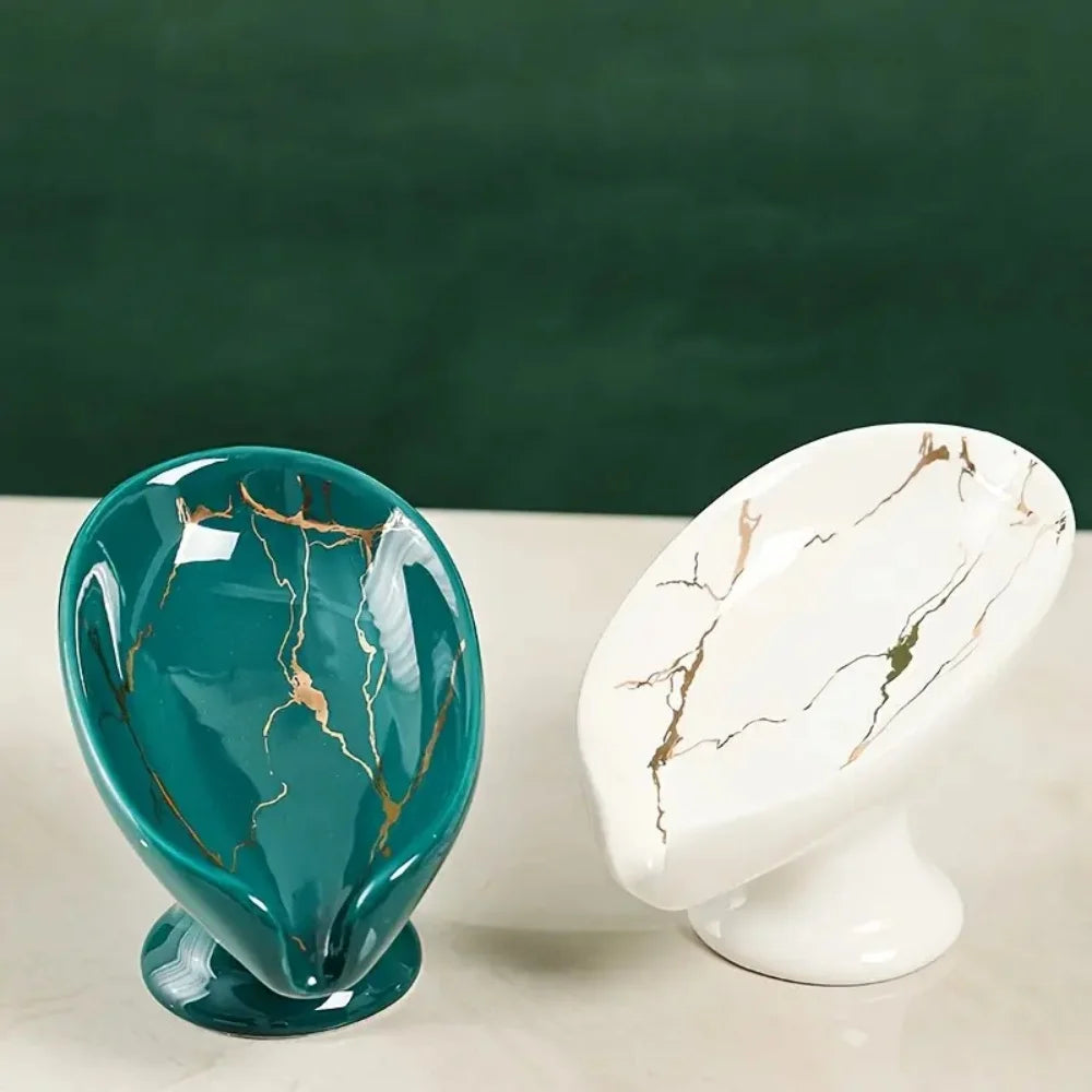 porte savon céramique imitation marbre feuille moderne blanc vert foncé drainage salle bain cuisine
