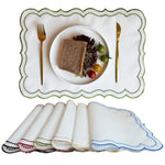 serviettes table classiques brodées points décoratifs bordure ondulée blanc bleu rouge vert respectueux environnement