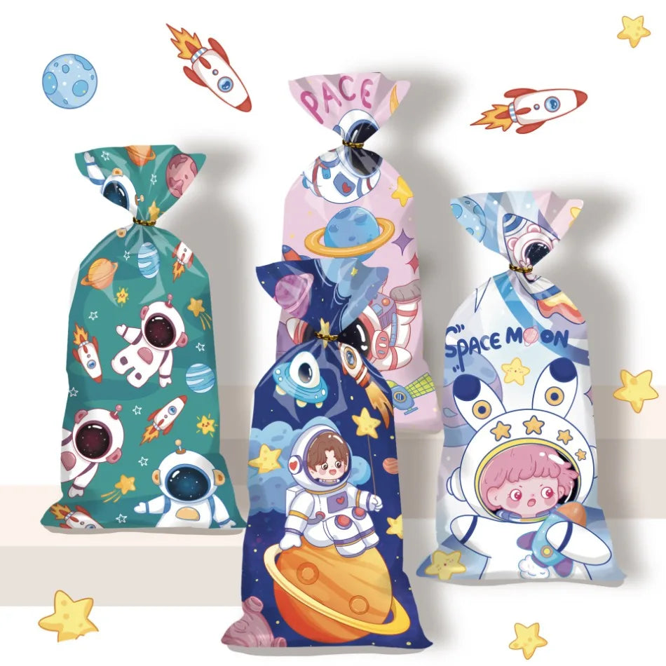 sacs papier astronautes vert bleu rose clair géométrique élégants dorés 12.5cm 27.5cm enfants illustration