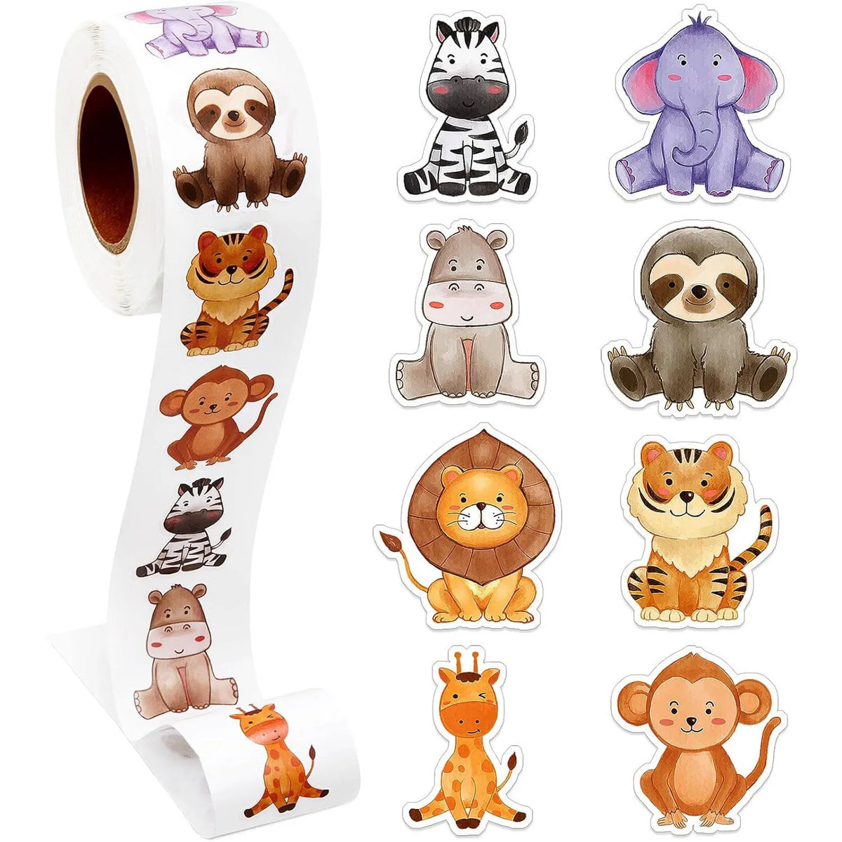 stickers animaux multicolores dessins cartoon adhésifs 500 pièces rouleau 2.5cm apprendre récompense étiquettes ornement