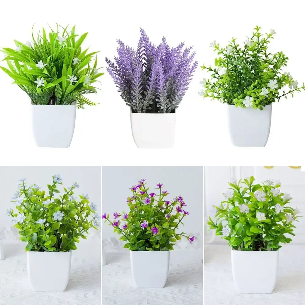 décoration extérieure plante artificielle moderne pot carré blanc branches feuilles vertes fleurs violettes minimalisteextérieur