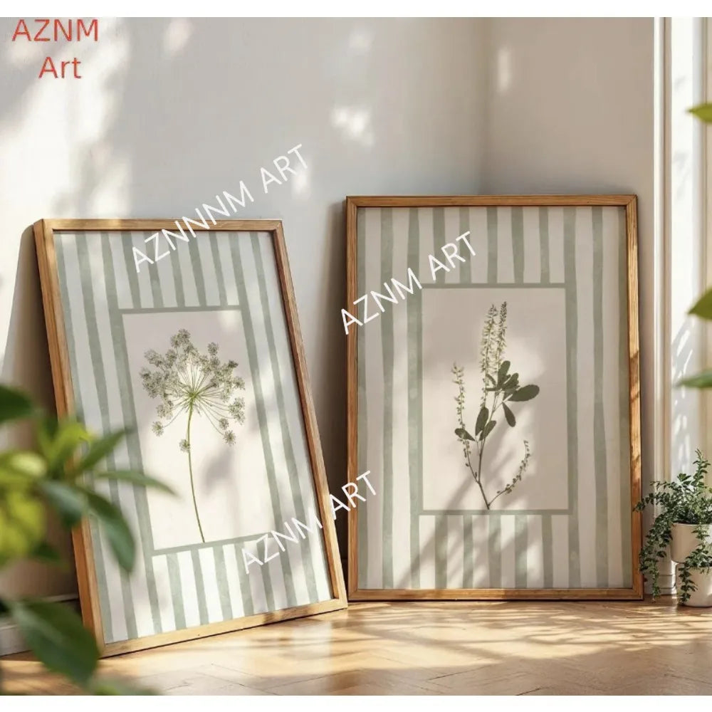 affiche encadrée minimaliste naturel fleurs vertes rayures verticales toile 40x50cm 30x40cm 20x30cm