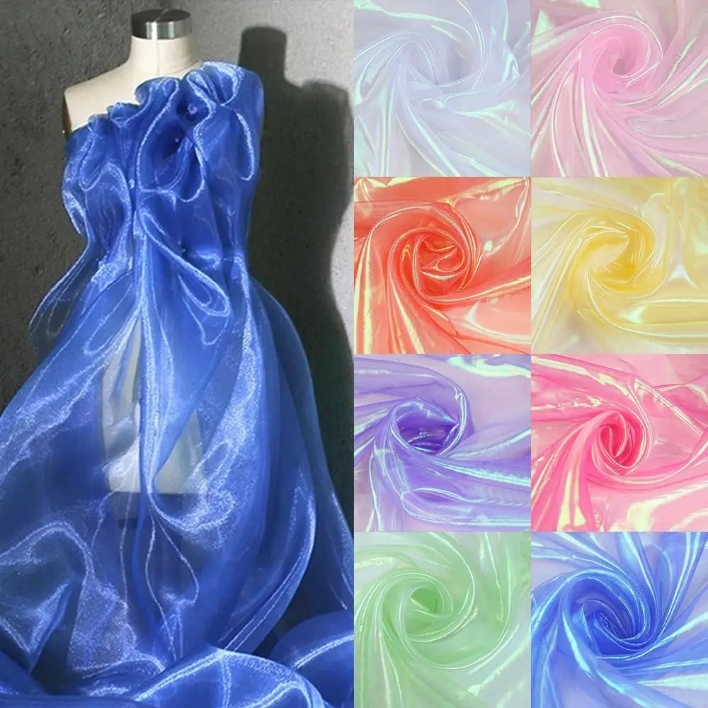 tissu organza brillant moderne élégant bleu rose violet vert blanc translucide effet irisé
