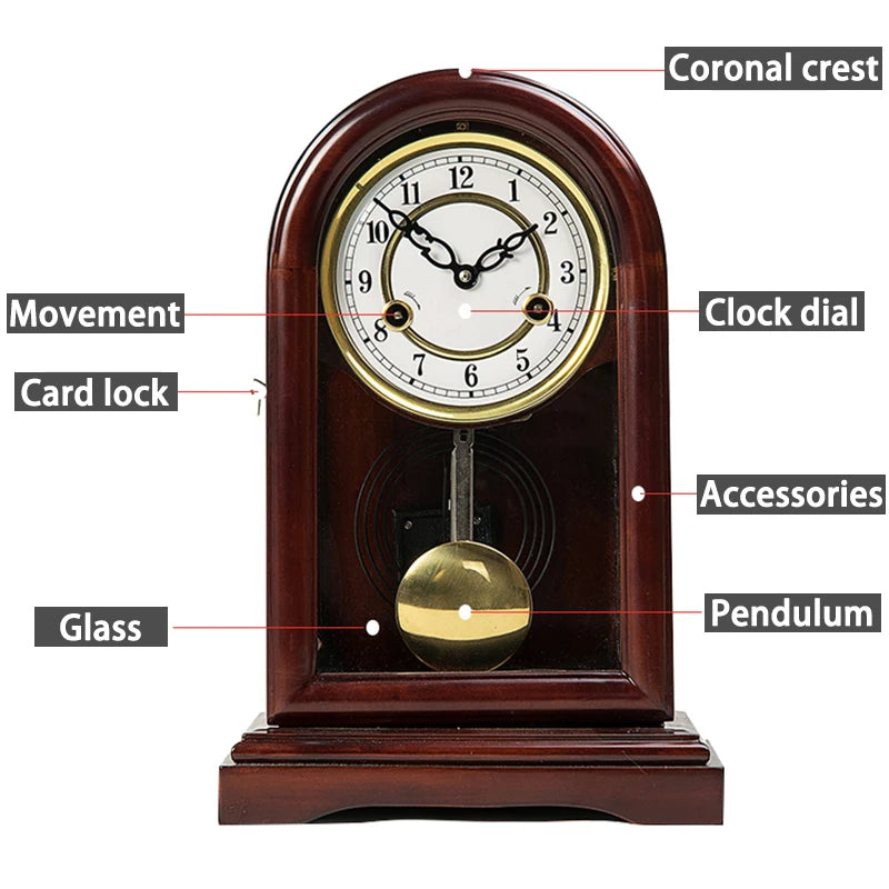 horloge table bois marron cadran blanc chiffres romains dorés classique vintage pendule métallique figurines
