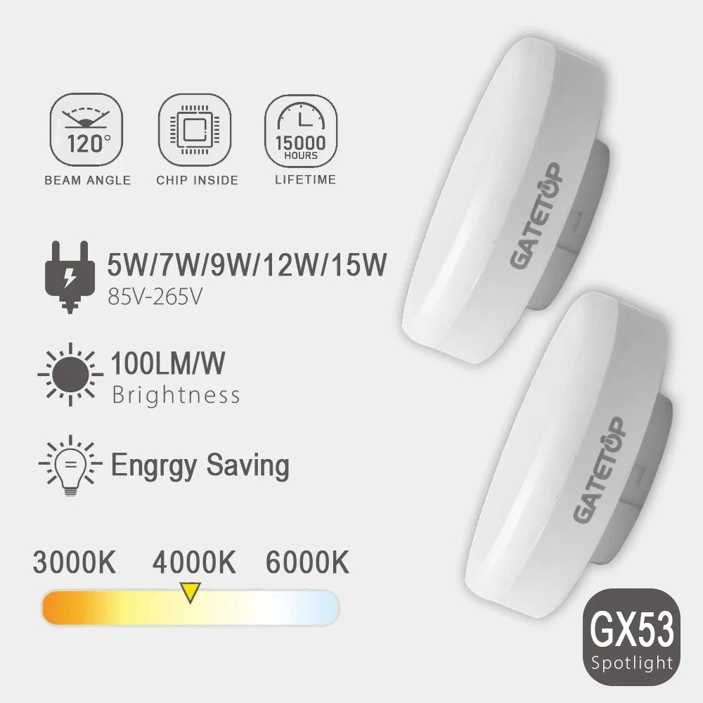 ampoule led 5w 7w 9w 12w 15w blanc chaud neutre froid base gx53 moderne