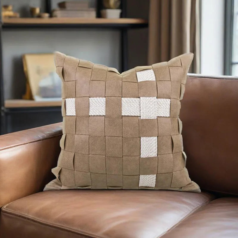 taies d'oreiller géométriques patchwork moderne lin polyester beige marron clair blanc respectueux environnement