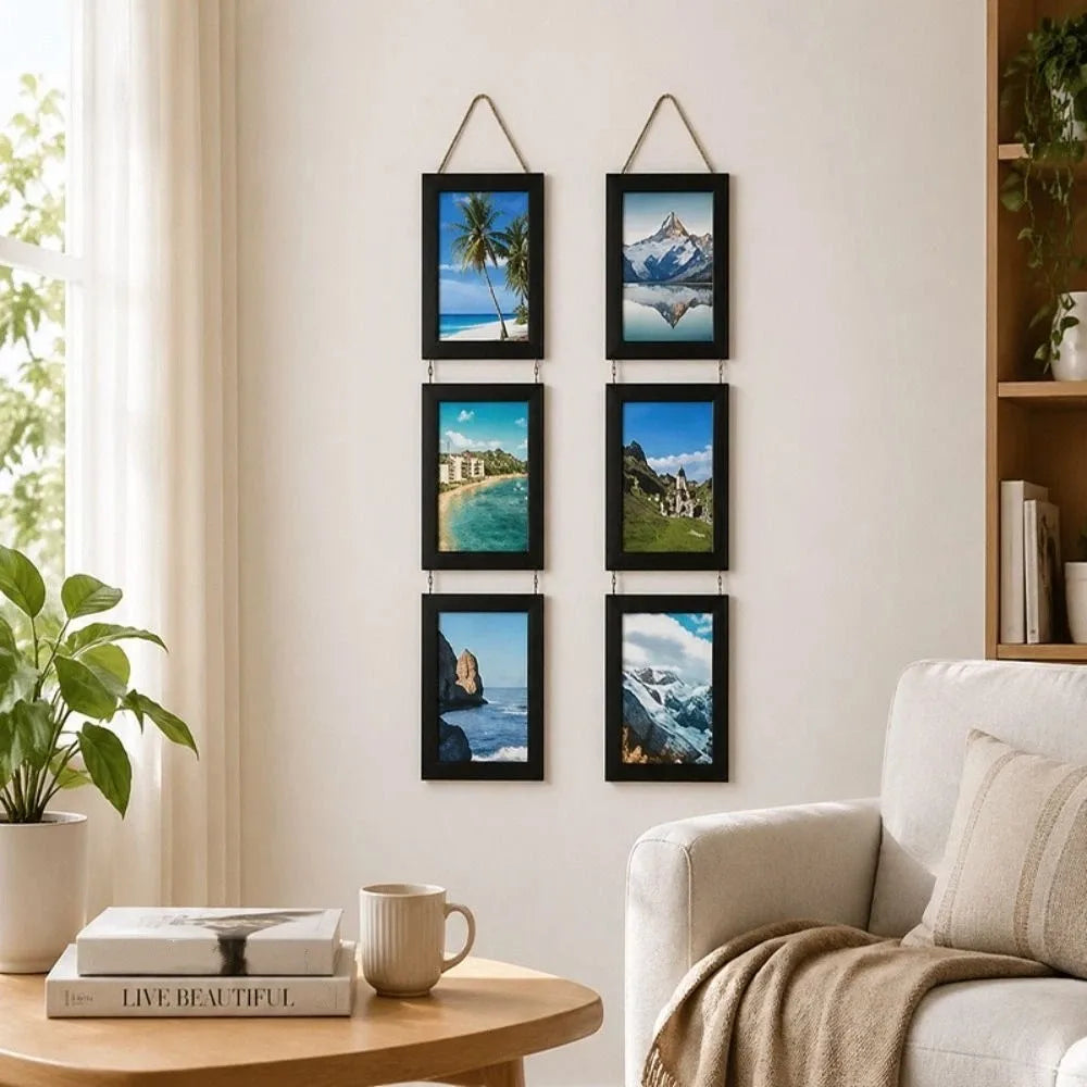 cadre mural multi compartiments moderne noir blanc bois simple minimaliste opaque cordelette cuir