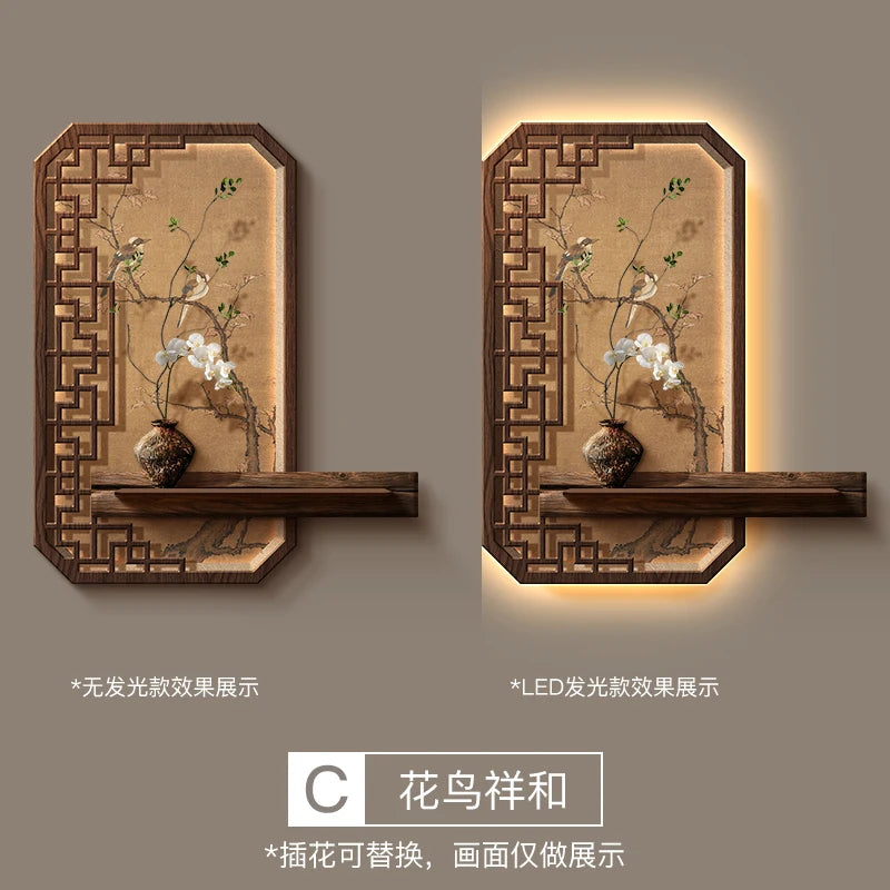 tableau mural oriental floral oiseaux géométrique bois opaque beige noir vert blanc