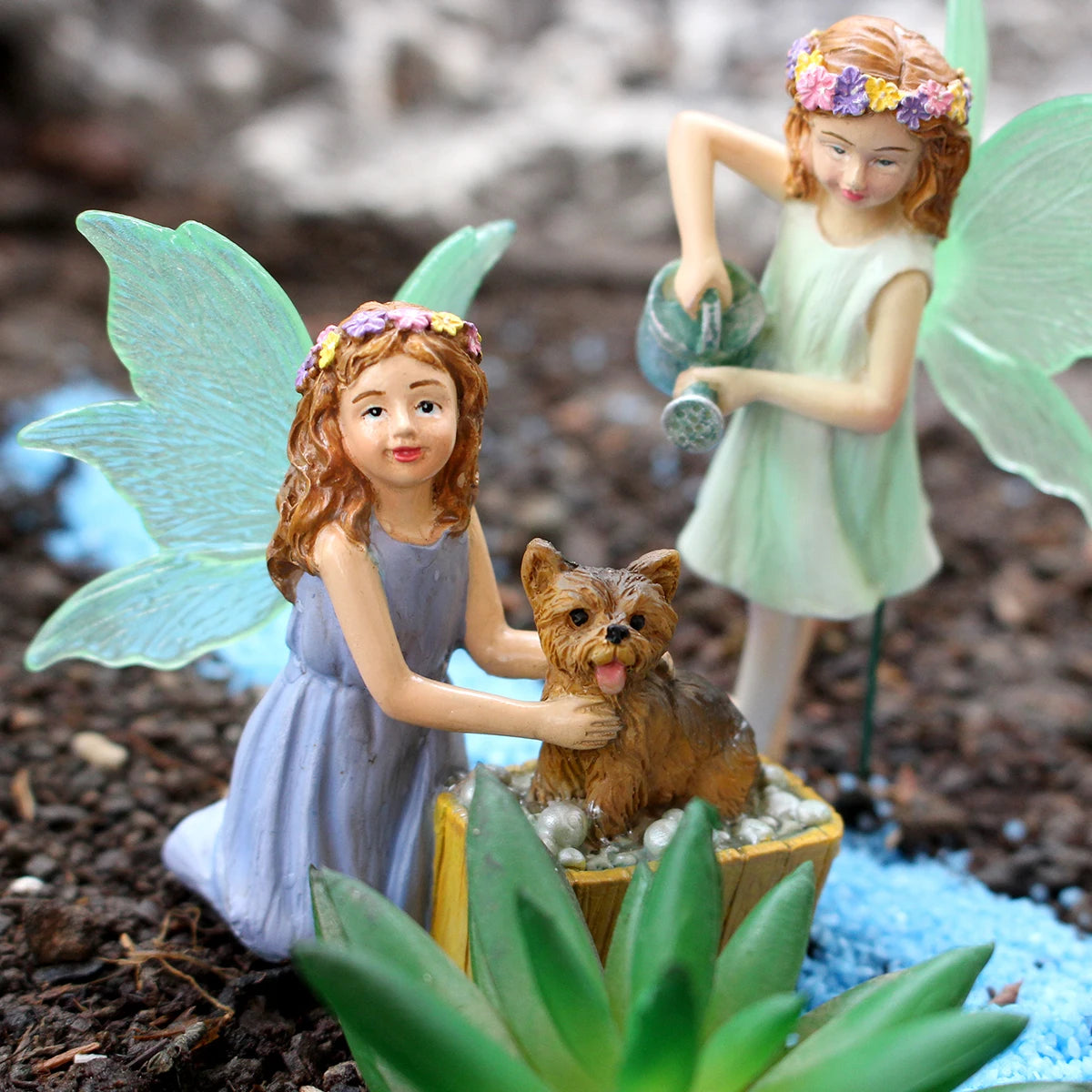 décoration extérieure résine fée chien baignoire fleurs herbe verte miniature jardin fantaisie