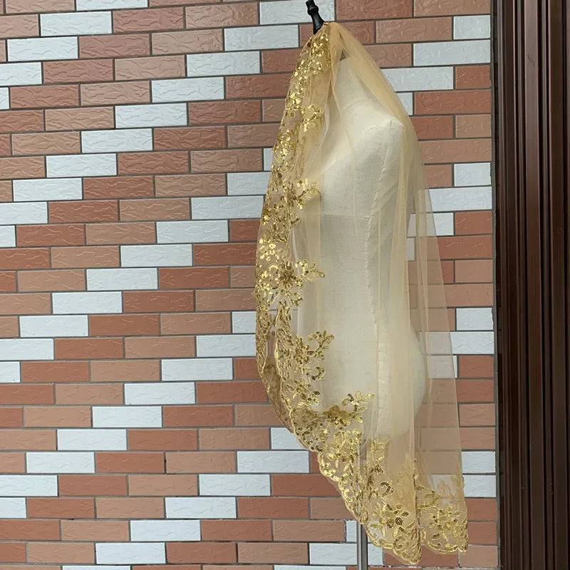 voile mariage écharpe dorée élégante broderie clips métalliques semi transparent femme festive