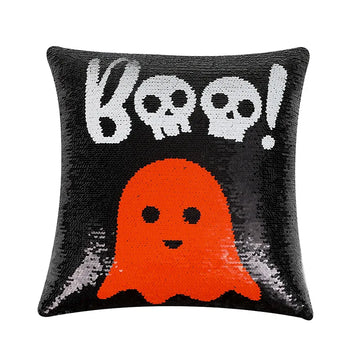 housse coussin halloween fantômes crânes chapeaux sorcière noire blanche orange adhésive carrée polyester 40x40cm