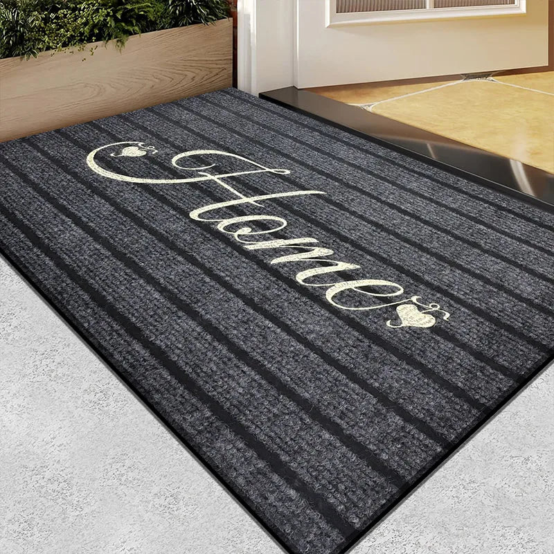 tapis d'entrée noir rayures horizontales broderie dorée moderne antidérapant