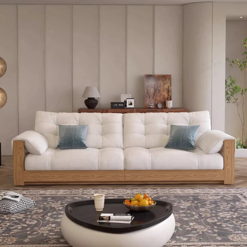 canapé lit moderne bois tissu uni beige inclinable coussins décoratifs salon minimaliste