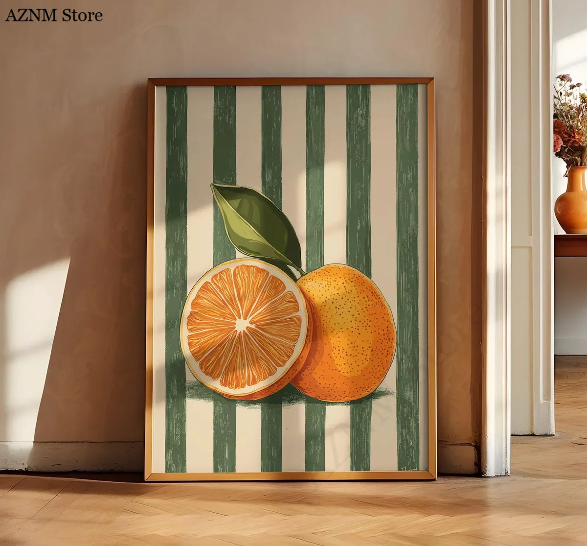 tableau moderne orange feuille toile rectangulaire minimaliste mural chic illustration verte chambre blanc decoration