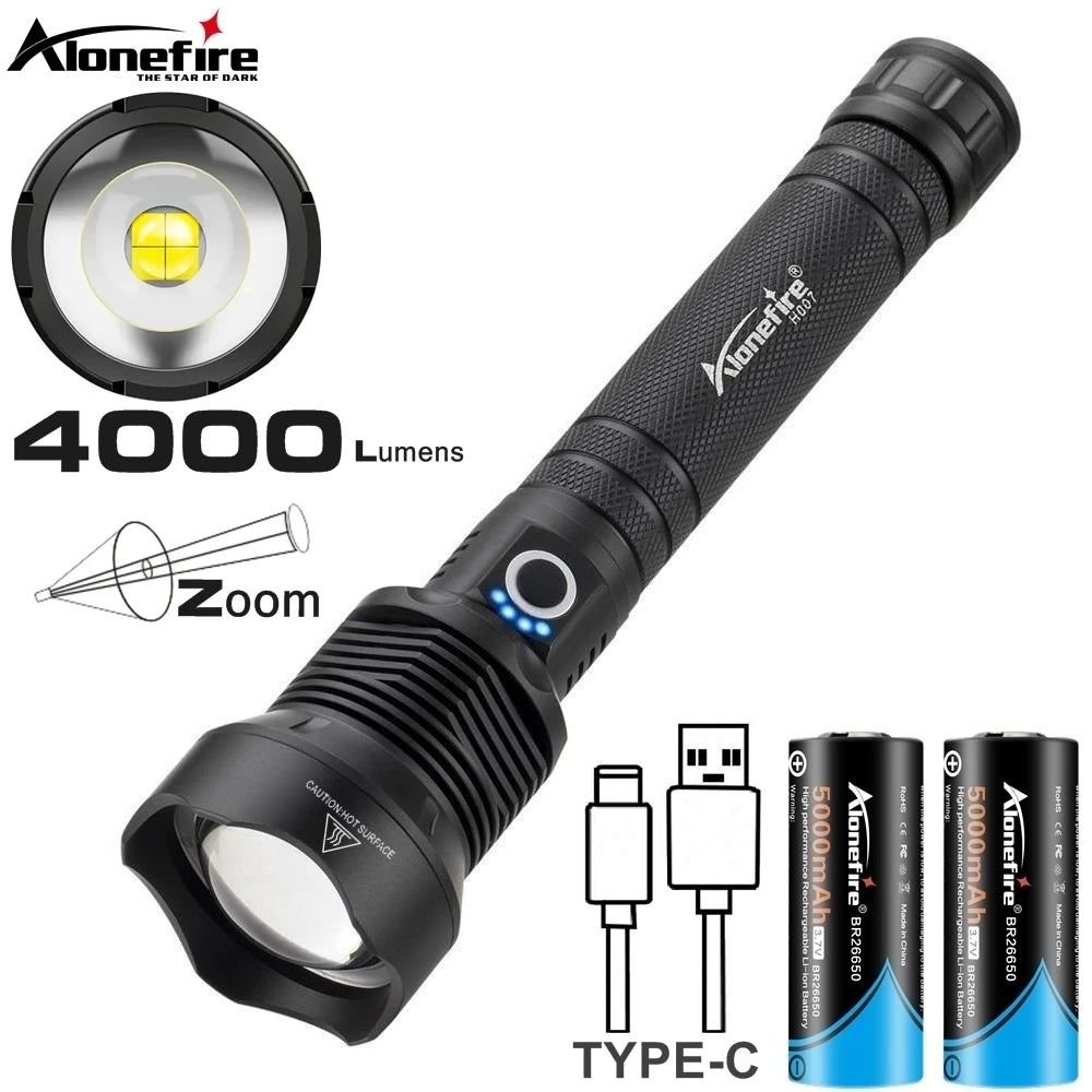 lampe torche led rechargeable 3800 lumen zoom tactique deux batteries usb type texture anti