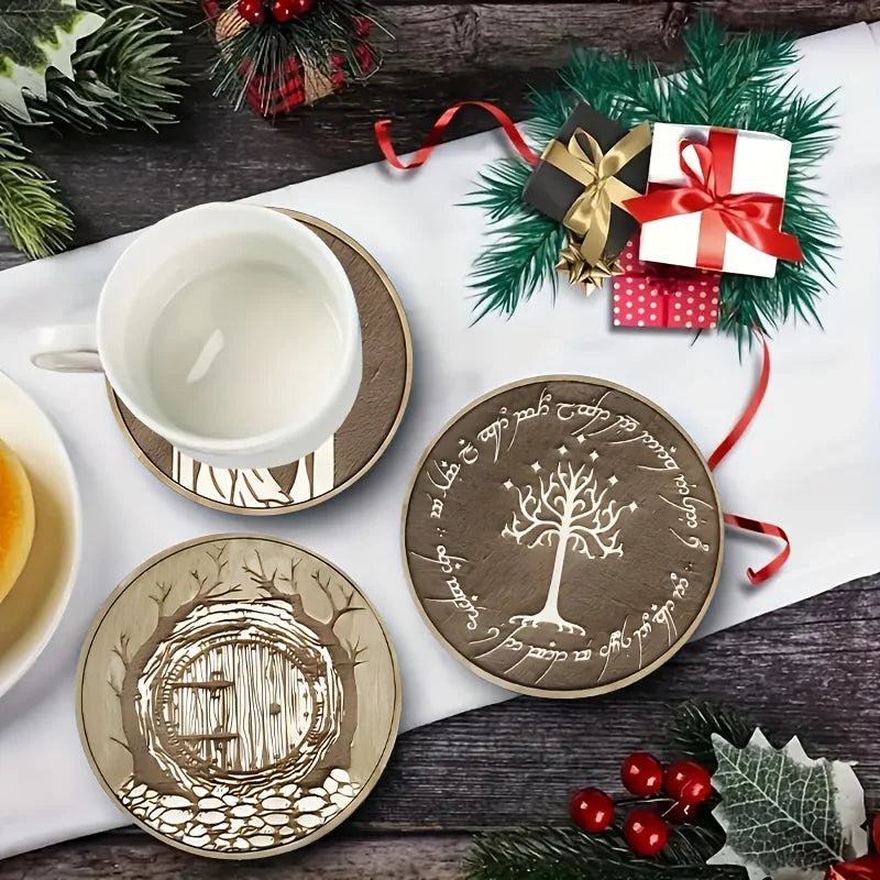 coasters bois marron clair gravés personnages arbre anneaux fantasy protection meuble