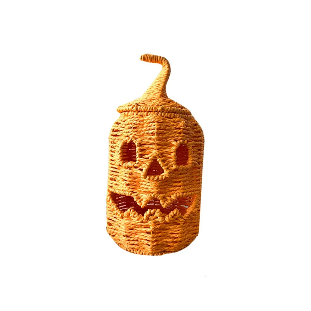 lanterne halloween citrouille tressée visage sculpté orange noire résine mat