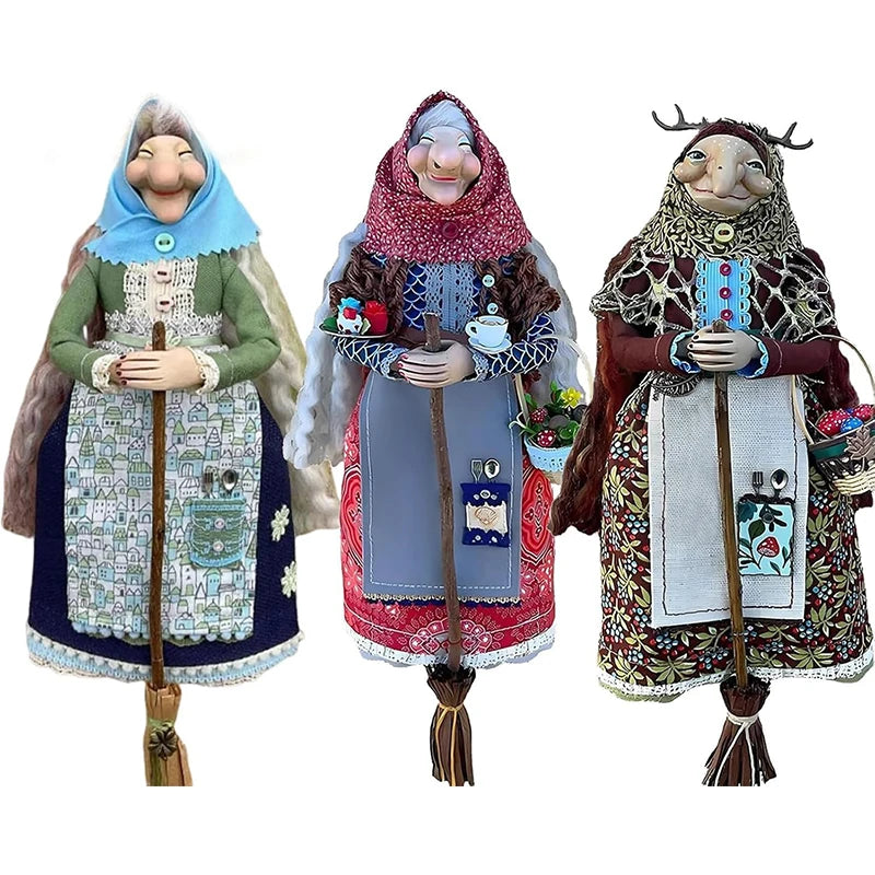 figurine artisanale sorcière cuisine résine broderie dentelle imprimé floral sac fourchettes cuillère bouquet fleurs