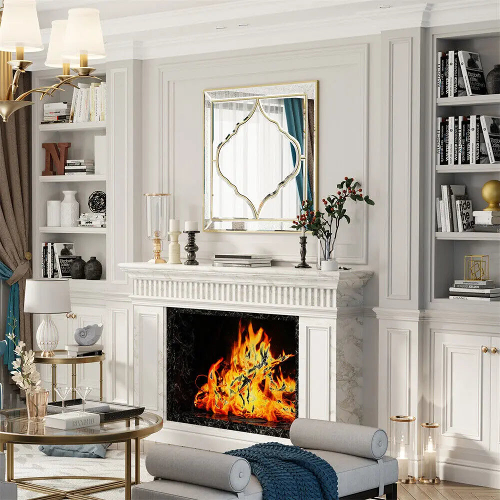 Un salon élégant et cosy avec une cheminée qui crépite, entouré de meubles et d'accessoires décoratifs harmonieux.