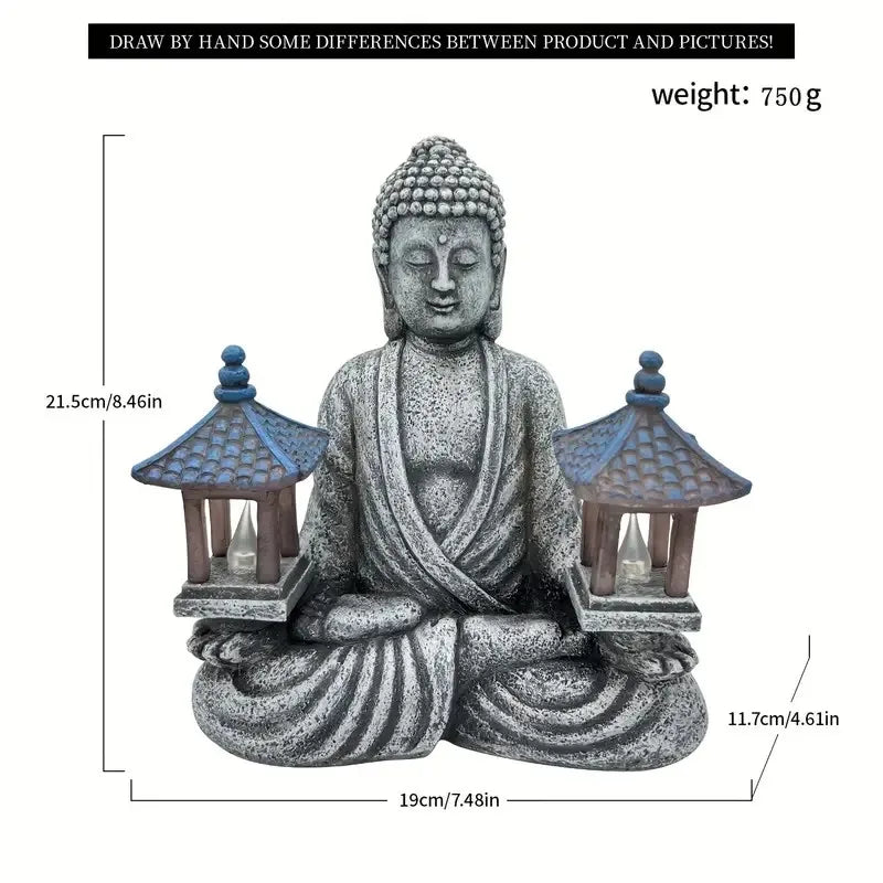 statue bouddha résine gris jaune bleu lanternes solaires zen décoration intérieure extérieure vieilli aspect