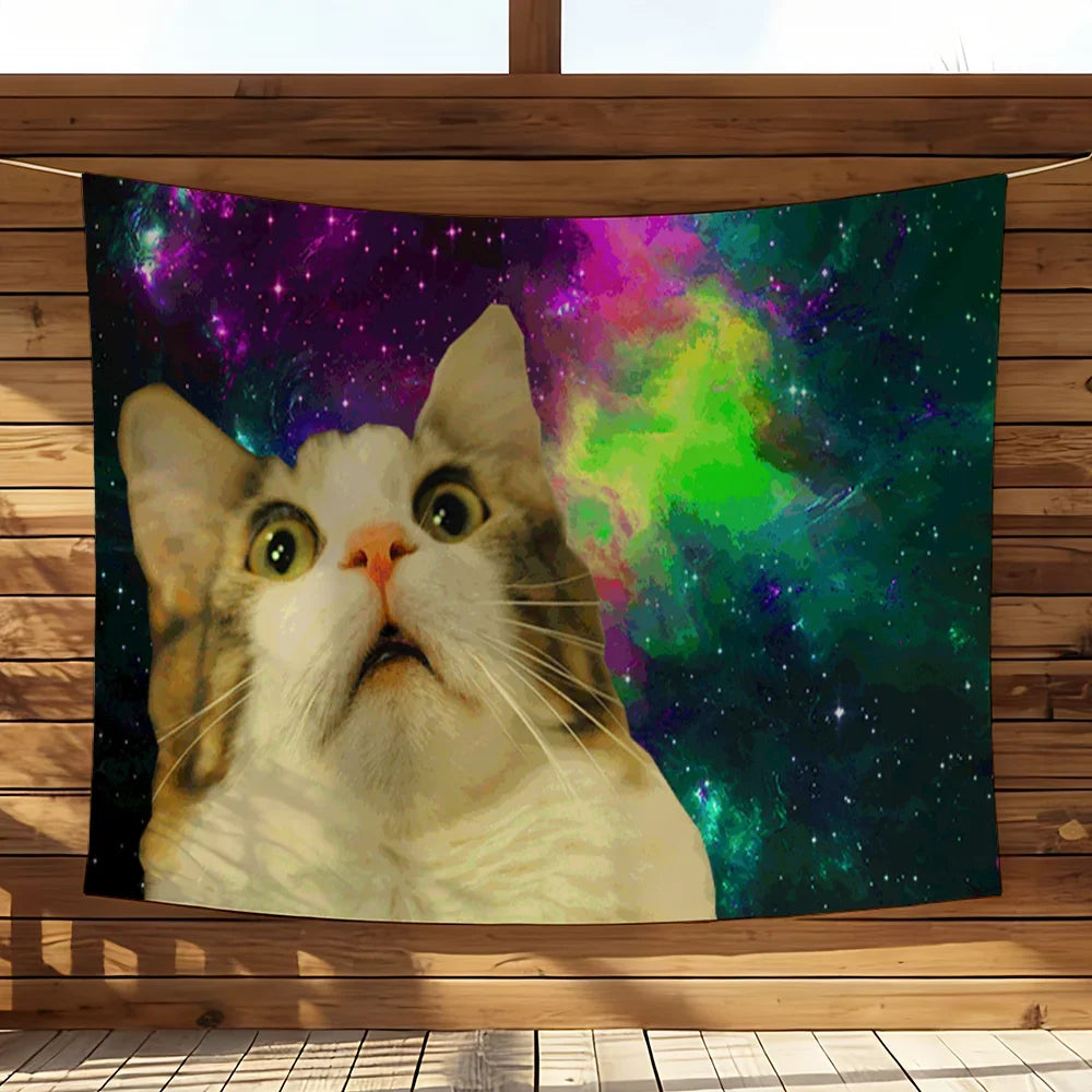 tapisserie murale chat espace vert motif galactique décoration chambre salon moderne humour tissu polyester