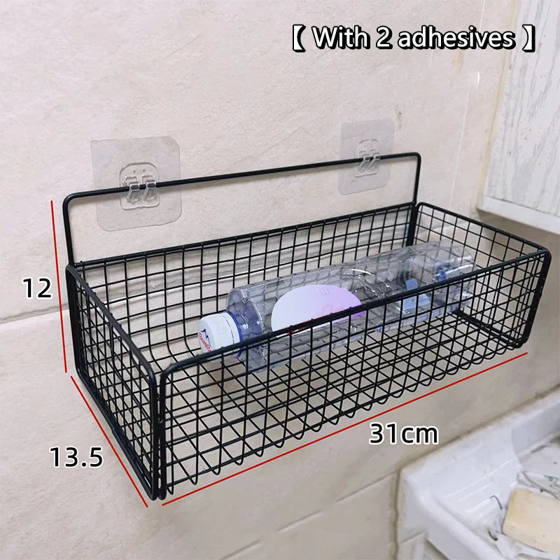 paniers métalliques noir maille fine adhésif minimaliste stockage cuisine salle bain sans perçage