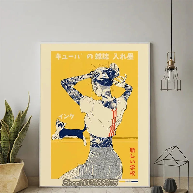 affiche vintage pop art tatouages texte japonais abstraite toile sans cadre salon decoration murale