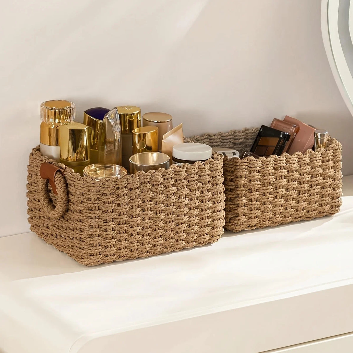 panier tressé bohème rustique fleurs séchées carnet maquillage storage beige marron ondulé