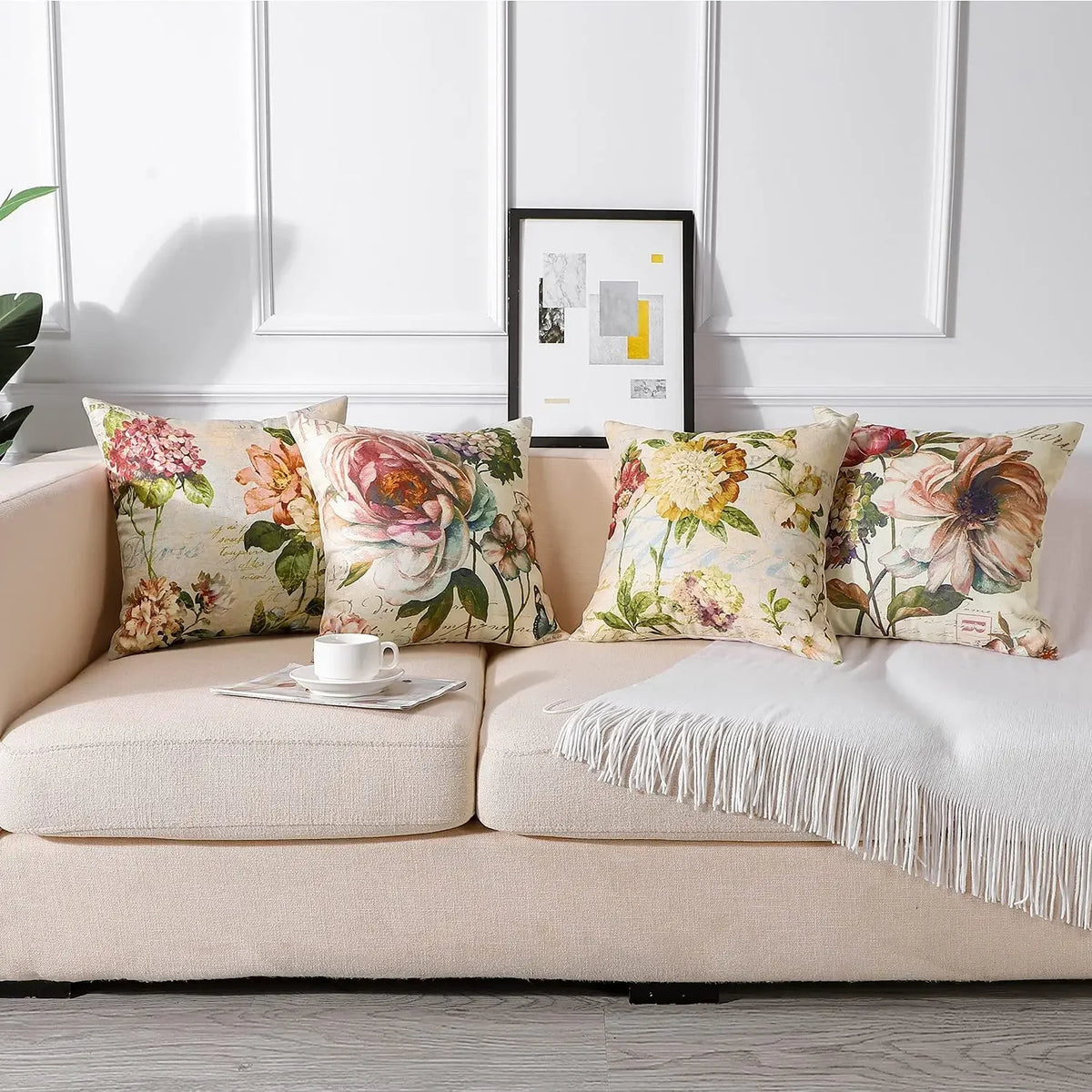 housse coussin lin imprimé fleurs vintage beige rose vert blanc adhésif salon chambre decorative