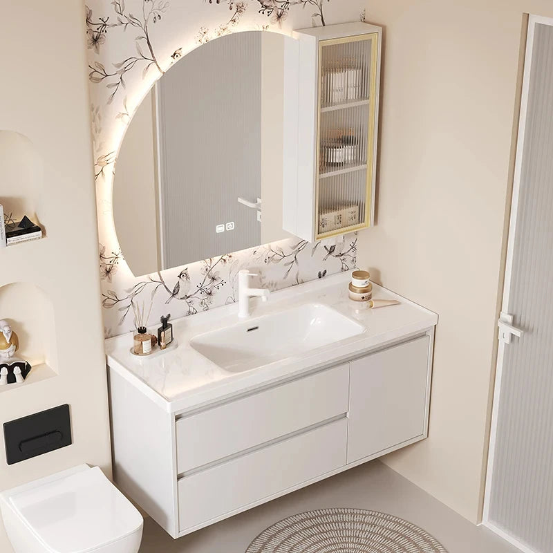 meuble salle bain blanc imprimé floral moderne miroir tiroir étagère arrière tapis toilette