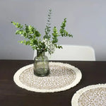 tapis rond boho chic motif floral franges beige clair salon chambre coucher moderne geometrique