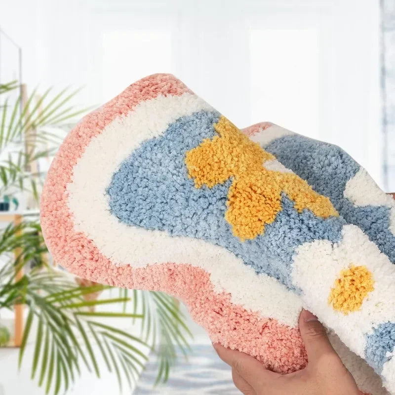 tapis bain doux fleur bleu clair jaune moderne antidérapant moelleux machine salon