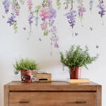 stickers muraux art floral fleurs suspendues feuilles violettes roses vertes blancs adhésifs chambre décoration