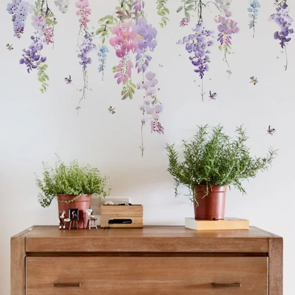 stickers muraux art floral fleurs suspendues feuilles violettes roses vertes blancs adhésifs chambre décoration