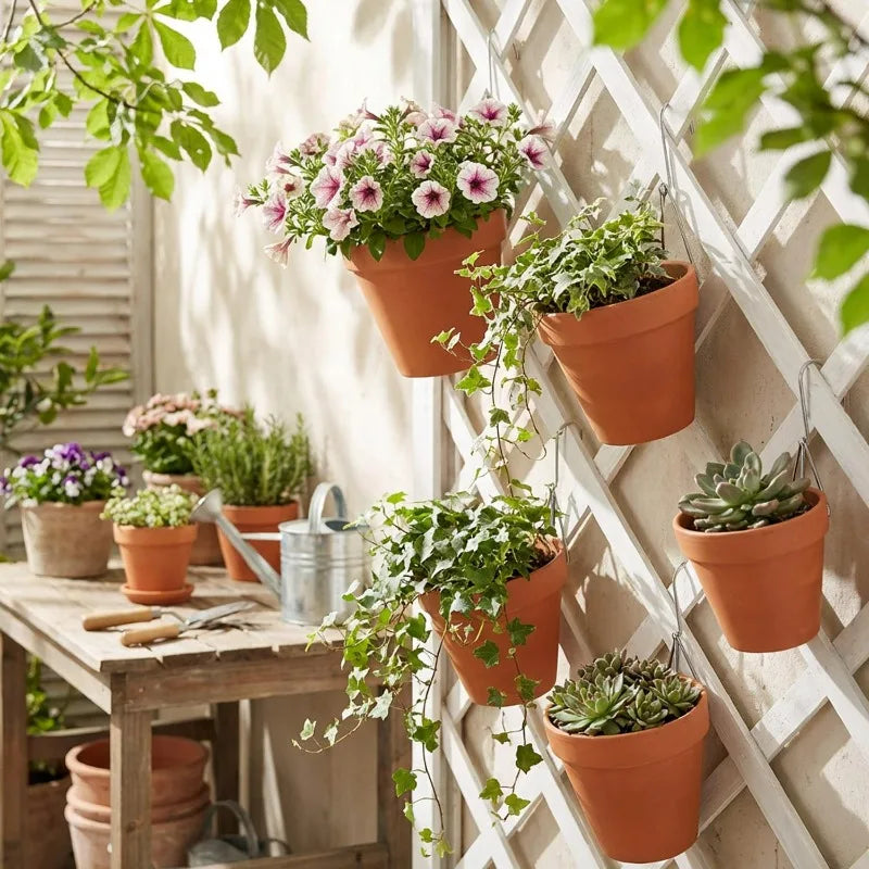 pots fleurs suspendus orange marbré crochets métalliques balcon jardin classiques 12pcs 16pcs vertical side