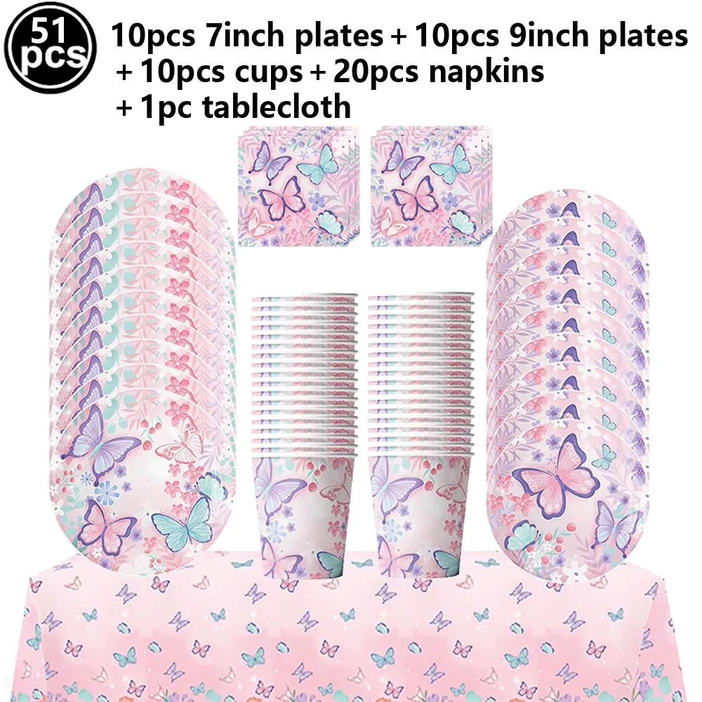 ensemble vaisselle jetable papillon anniversaire assiettes gobelets serviettes nappe ballons guirlande décoration fête