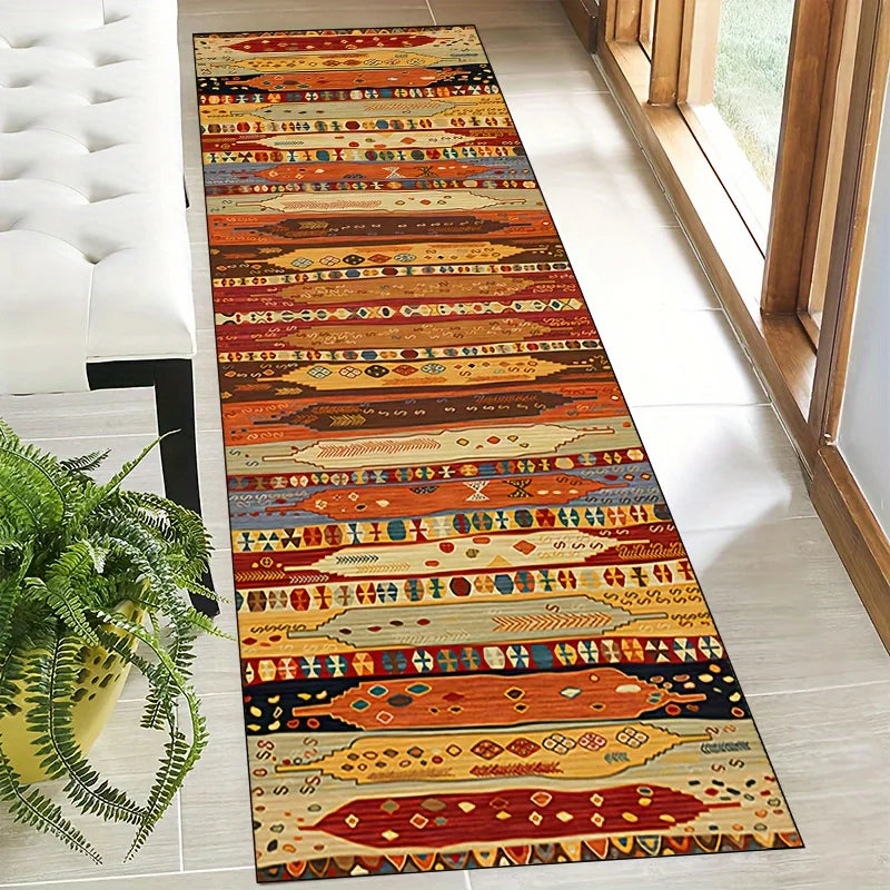 tapis runner ethnique motifs géométriques polyester imperméable rouge orange bleu