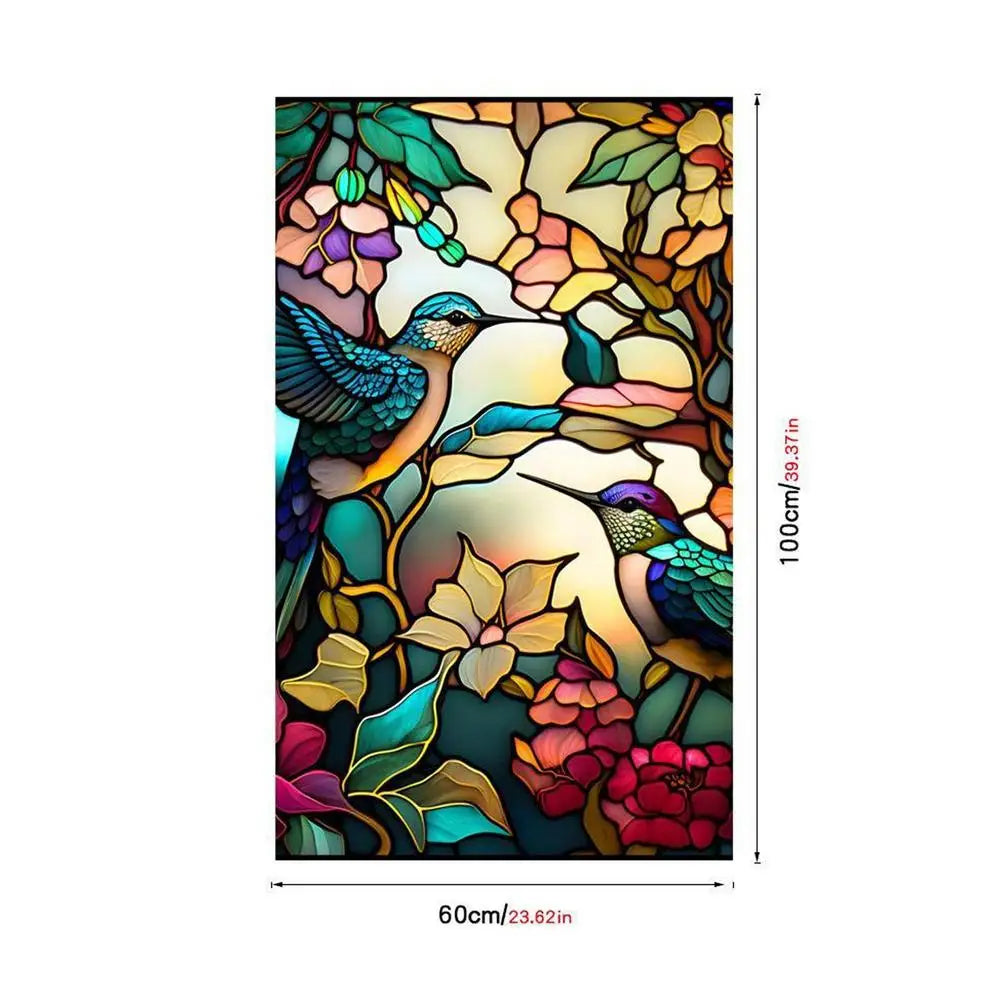 décoration fenêtre art deco oiseaux fleurs géométrique adhésif bleu vert jaune orange rose violet