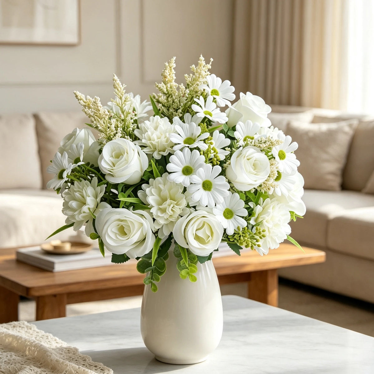Bouquet artificiel fleurs soie rose blanc bleu orange feuilles vertes décoration mariage anniversaireextérieur classique