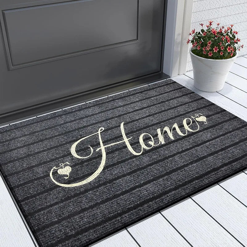 tapis d'entrée noir rayures horizontales broderie dorée moderne antidérapant