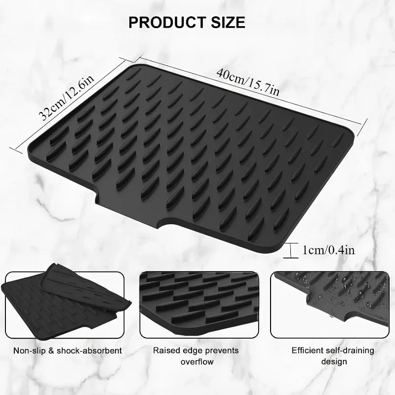 tapis silicone anti dérapant moderne drainage vaisselle assiettes verres noir gris protection chaleur easy